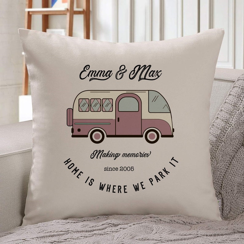 Campervan Camp Cushion / Personalised Camper Van Gift / His And Hers / Couple Travel Present / Accessories Camping / Retro Caravan Pillow image 2