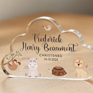 Personalised Christening Gift Cloud-Shaped Acrylic Plaque with Safari Animals Custom Keepsake with Name Date Baby Boy Girl Baptism Present