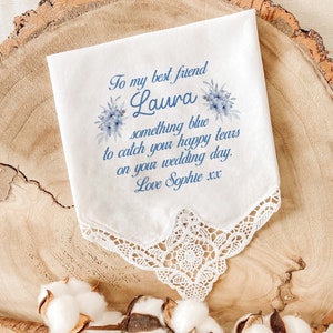 Personalised something blue wedding handkerchief / Bridal shower hanky / Gift for bride from bridesmaid / Bridal giftmaid / image 1