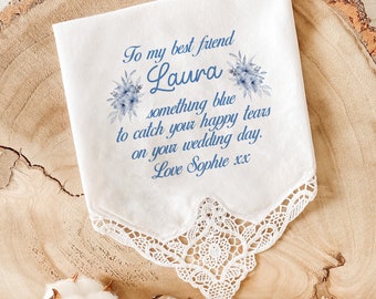 Personalised something blue wedding handkerchief / Bridal shower hanky / Gift for bride from bridesmaid / Bridal giftmaid /