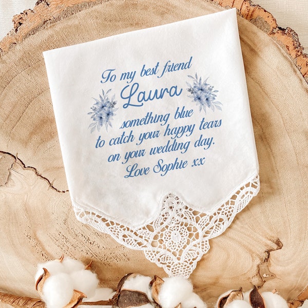 Personalised something blue wedding handkerchief / Bridal shower hanky / Gift for bride from bridesmaid / Bridal giftmaid /
