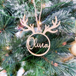 Personalised Wooden Christmas Ornament with Name Reindeer Christmas Decor Gold Silver Rose Gold Black Natural Colour Custom Xmas Keepsake