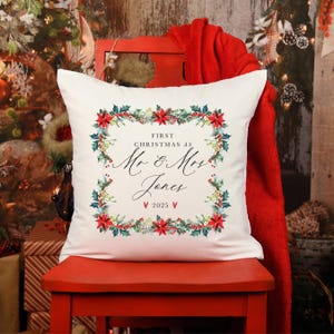 Personalised First Christmas as Mr & Mrs Cushion – Newlywed Christmas Gift with Custom Surname  Xmas home decorations
