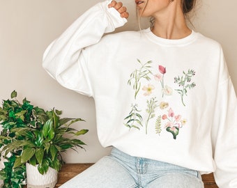 Flowers sweatshirt / Gift for her / Women trendy jumper / Spring concept sweat / Wild meadow flower nature top / Floral gift / Botanical