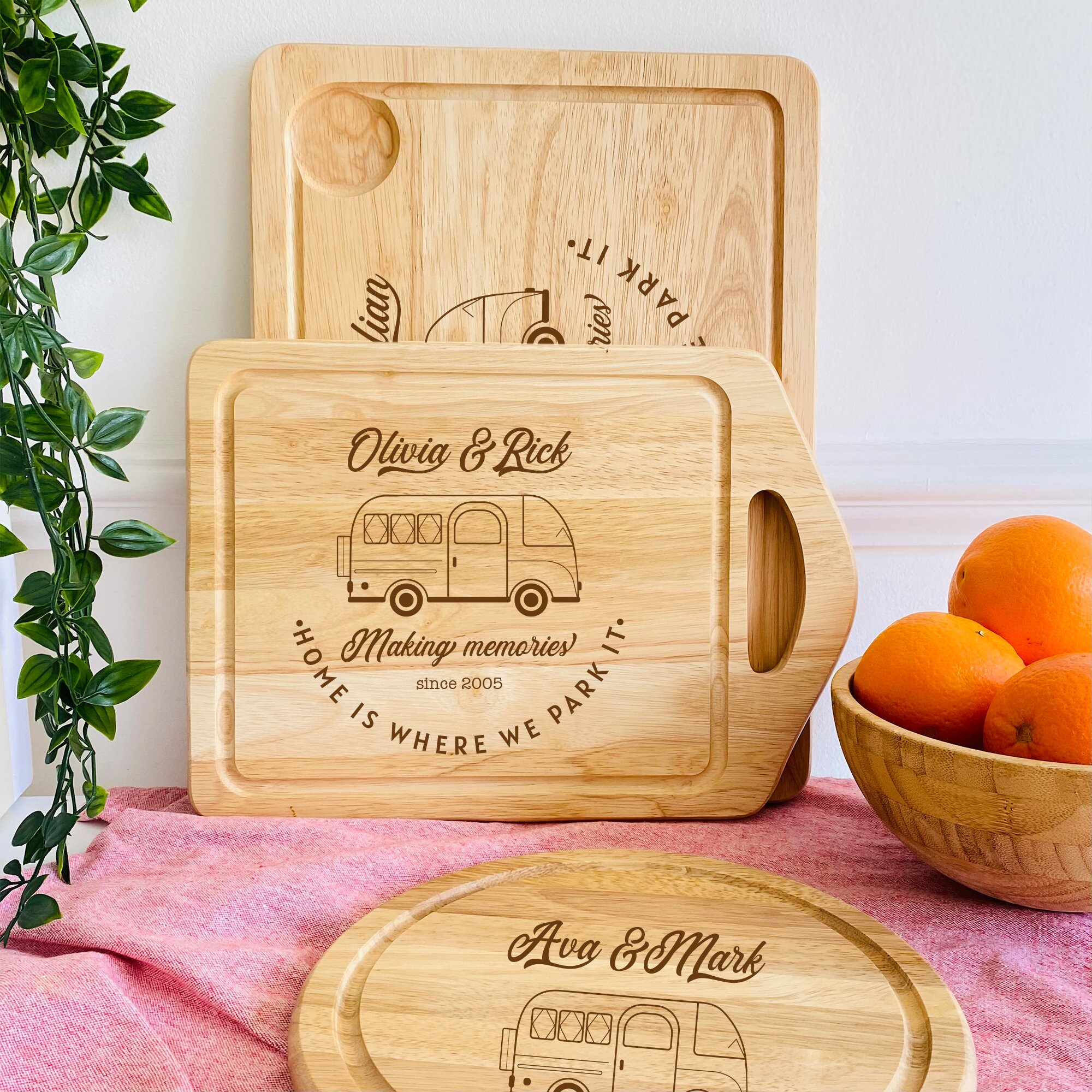Happy Camper Bamboo Cutting Board,Retro RV Engraved Camping Cutting Board,  Camper Decor RV Gift for Couple,Camping,Housewarming&Party Small
