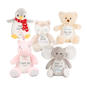 Personalised soft toy / First birthday, flower girl, new baby / Teddy plush / Soft rabbit, unicorn, bear, cat, owl, penguin, elephant toys
