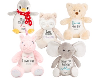 Personalised soft toy / First birthday, flower girl, new baby / Teddy plush / Soft rabbit, unicorn, bear, cat, owl, penguin, elephant toys