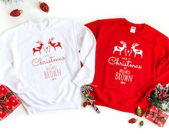 Personalised Our First Christmas Jumper As Mr And Mrs Last Name / Newlywed New Husband Wife / Reindeer Couple Matching 1st Xmas Sweatshirt