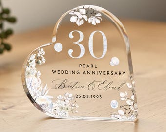 Personalised 30th Wedding Anniversary Gift Pearl Anniversary Present Heart-Shaped Acrylic Plaque Custom Keepsake with Names Date Mum Dad