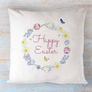Feliz cojín de Pascua / Decoración de Pascua / Decoración conceptual de primavera / Conejo, cesta de flores, Cubierta de almohada feliz de Pascua / Regalo para mamá niñera