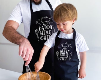Cute matching apron with names / Personalised head chef sous chef / Father's Day Christmas Birthday gift for dad child / Daddy son daughter