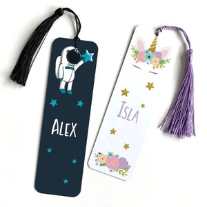 Personalised unicorn and astronaut kids bookmark with tassel / Gift for boy or girl / Student Back to school / End of term / Son daughter