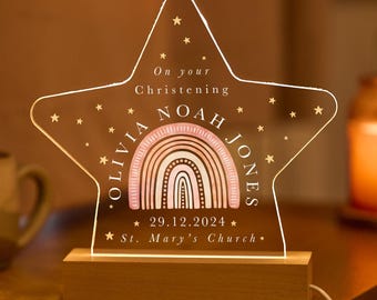 Personalised Christening Night Light Gift for Baby Boy Girl Son Daughter Nephew Niece with Name Date Church Keepsake Star LED Lamp Rainbow