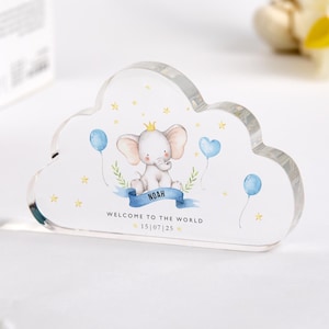 New Baby Gift Cloud Plaque Custom Name & Date Keepsake Welcome to the World Elephant Nursery Decor Boy or Girl Baby Shower Present