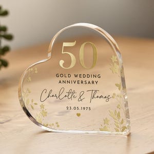 Personalised 50th Wedding Anniversary Gift Gold Anniversary Heart-Shaped Acrylic Plaque Golden Keepsake with Names Date Gift for Couples