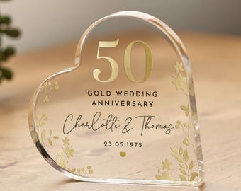 Gepersonaliseerde 50e huwelijksverjaardag cadeau gouden verjaardag hartvormige acryl plaquette gouden aandenken met namen datum cadeau voor koppels