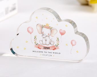 Placa de nuvem para presente de bebê menina, nome personalizado e data, lembrança, elefante de boas-vindas ao mundo, decoração de berçário, presente para nova mamãe, chá de bebê