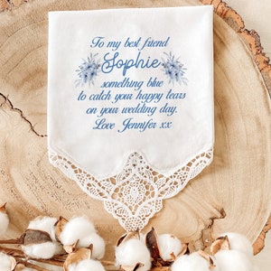 Personalised something blue wedding handkerchief / Bridal shower hanky / Gift for bride from bridesmaid / Bridal giftmaid / image 5