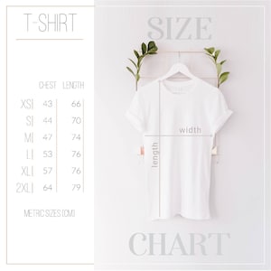 May include: T-shirt size chart with measurements in centimeters for chest and length. Sizes include XS, S, M, L, XL, and 2XL.