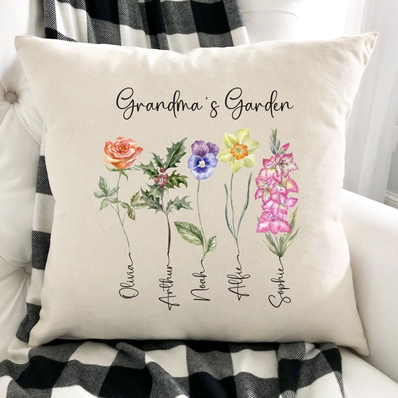 Grandma's garden cushion with grandchildren's names birth flowers Personalised Mother's Day Christmas gift for nanny Xmas Birthday pillow image 6