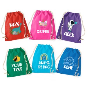 Personalisierte Tasche aus 100% Baumwolle mit dem Namen der Kinder / Schulanfang / Schwimmset / Einhorn, Astronaut, Fußball, Dinosaurier, Regenbogen Kordel
