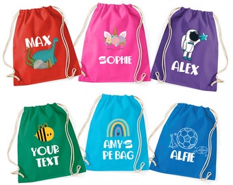 Borsa 100% cotone PE personalizzata con nome per bambini / Torna a scuola / Kit di nuoto / Unicorno, Astronauta, Calcio, Dinosauro, Coulisse Arcobaleno