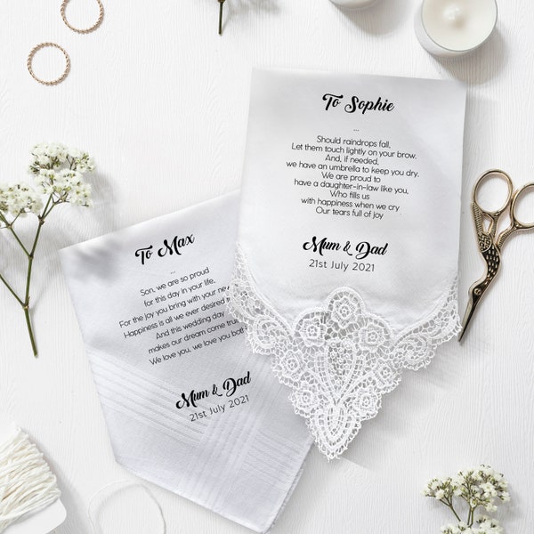 Personalised wedding handkerchief gift from father and mother of the groom to the bride / CH1 / Daughter-in-law wedding gift / Hankie