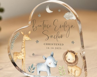 Personalised Christening Gift for Nephew Niece Son Daughter Grandson Granddaughter Acrylic Plaque with Safari Animals Name Date Included
