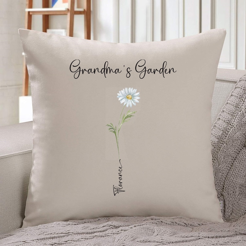 Grandma's garden cushion with grandchildren's names birth flowers Personalised Mother's Day Christmas gift for nanny Xmas Birthday pillow image 4