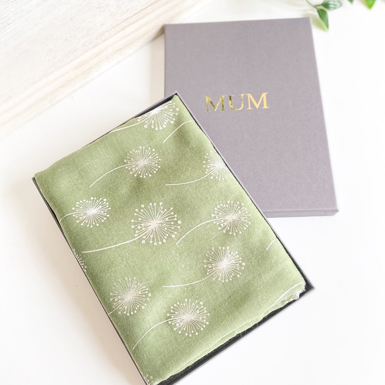 Dandelion foil print cotton scarf in a personalised gift box / 6 colours / Gift for mum / Scarves for women / Mother's day gift for mummy image 1