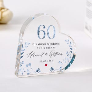 Personalised 60th Wedding Anniversary Gift Diamond Anniversary Heart-Shaped Acrylic Plaque Custom Keepsake Names & Date Elegant Blue Floral