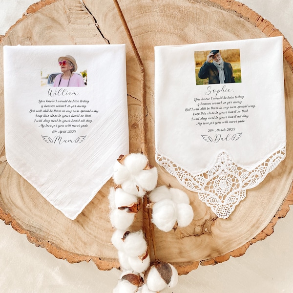 Personalised Memorial Wedding Handkerchief / Gift for bride groom / Photo of passed away family members / Remembrance Loving Memory Mum Dad