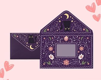Decorative Folk Art Cat Envelope Dreamy Night Printable Stationery Template Wedding Envelope Scandinavian folk art Handmade Envelope Design