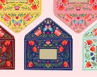 Plantilla de sobre con mariposa de arte popular, papelería floral imprimible (descarga digital)