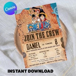 Könnte beinhalten: Eine braune und beige "One Piece"-Geburtstagseinladung mit dem Text "Join the Crew" und "Daniel wird 8". Die Einladung enthält Party-Details und die Worte "Sofort-Download".