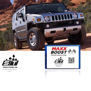 May include: A blue and white performance chip with the text "MAXX BOOST Performance Chip" and a black and white checkered flag graphic. The chip also features a black and white logo with the text "ST SawyerTuning.com Trusted Performance 2 Kings 17" and a QR code.
