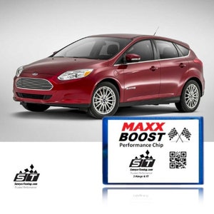 May include: A red Ford Focus Electric car with a blue and white performance chip labelled "MAXX BOOST Performance Chip" with a black and white logo and a QR code. The chip is made by SawyerTuning.com.