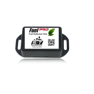 May include: Black Fuel Pro fuel optimizer chip with white text and a green leaf graphic. The chip has the text "Fuel Pro" in red and "Fuel Optimizer Chip" in black. The chip also has the "ST" logo and a QR code.