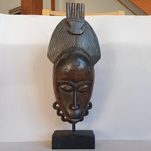 A Super Vintage, decorative Hand carved, Baule Tribe, Tribal Art Mask, with Custom made Wooden stand & base from Ivory Coast - Cote d&#39;ivoire
