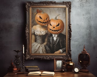 May include: A vintage-style framed artwork featuring a couple with carved pumpkin heads. The woman is wearing a long, flowing dress and the man is wearing a suit. The artwork is set against a dark, textured background.