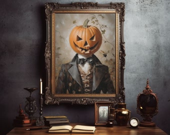 May include: A framed painting of a person with a carved pumpkin head wearing a dark suit and a bow tie. The painting is set against a dark gray background with a wooden table and other decorative items.