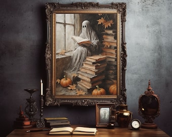 Halloween Wall Art Digital Print/ Dark Academia Halloween Art/ Spooky Halloween Digital Print/ Ghost in Library Art Print/ vintage Halloween