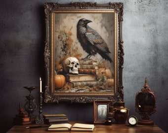 Halloween Wall Art Digital Print/ Dark Academia Halloween Art/ Spooky Halloween Digital Print/ Raven and Skull Art Print/ vintage Halloween
