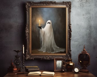 May include: A framed painting of a white ghost holding a lit candle in a dark room. The ghost is wearing a white sheet and has a faint smile on its face. The painting is set in a dark, ornate frame.