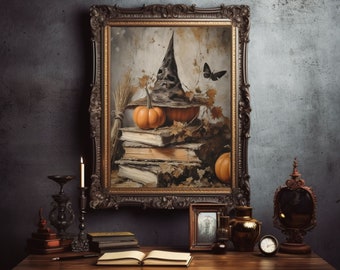 Halloween Wall Art Digital Print/ Dark Academia Halloween Art/ Spooky Halloween Digital Print/ Witch Hat Art Print/ vintage Halloween