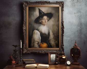 Pode incluir: Um retrato emoldurado de uma mulher com um chapéu de bruxa e gola com babados, segurando uma abóbora. O retrato está em uma mesa de madeira com uma vela, livros e itens decorativos. A moldura é ornamentada e escura.