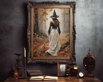 Halloween Wall Art Digital Print/ Dark Academia Halloween Art/ Spooky Halloween Digital Print/ Witch Portrait Art Print/ vintage Halloween
