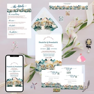 Mountain Wedding Invitation Suite Templates with QR Code and Photo, Watercolor Mountains and Trees, Instant Editable Digital Download, PPPMW