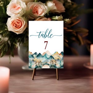 Mountain Table Numbers for Wedding, Watercolor Mountain Themed Table Numbers, DIY Editable Printable Mountain Table Numbers Template, PPPMW