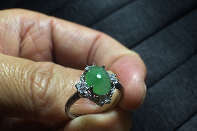 Burma Jadeite Jade Icy Apple Green Sterling Silver Ring